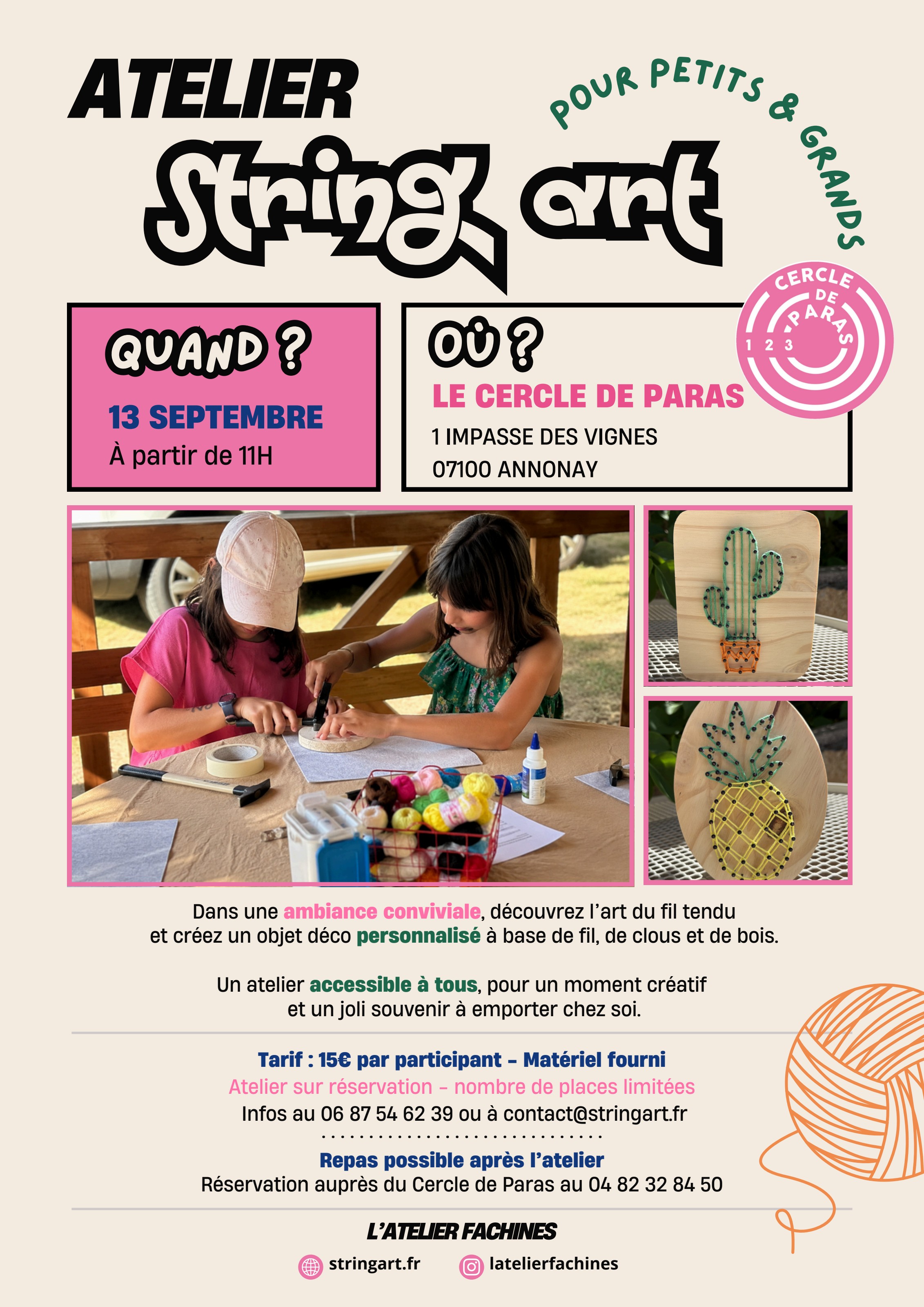Flyer de l'atelier String Art pour petits et grands au Cercle de Paras, le samedi 13 septembre 2026 à partir de 11h