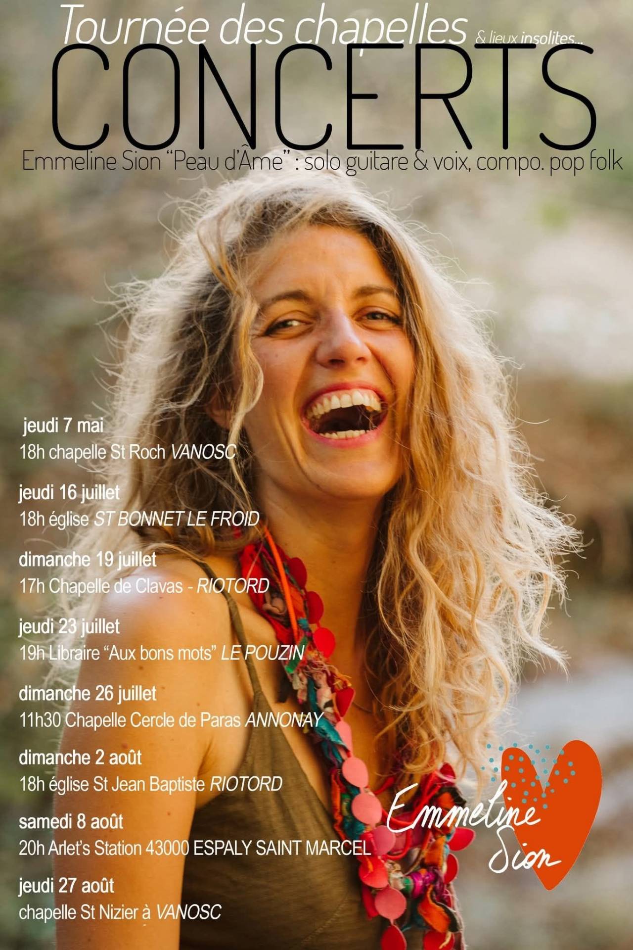 Affiche du concert d'Emmeline Sion, Peau d'Âme, le dimanche 26 juillet à 11h30 à la chapelle du Cercle de Paras