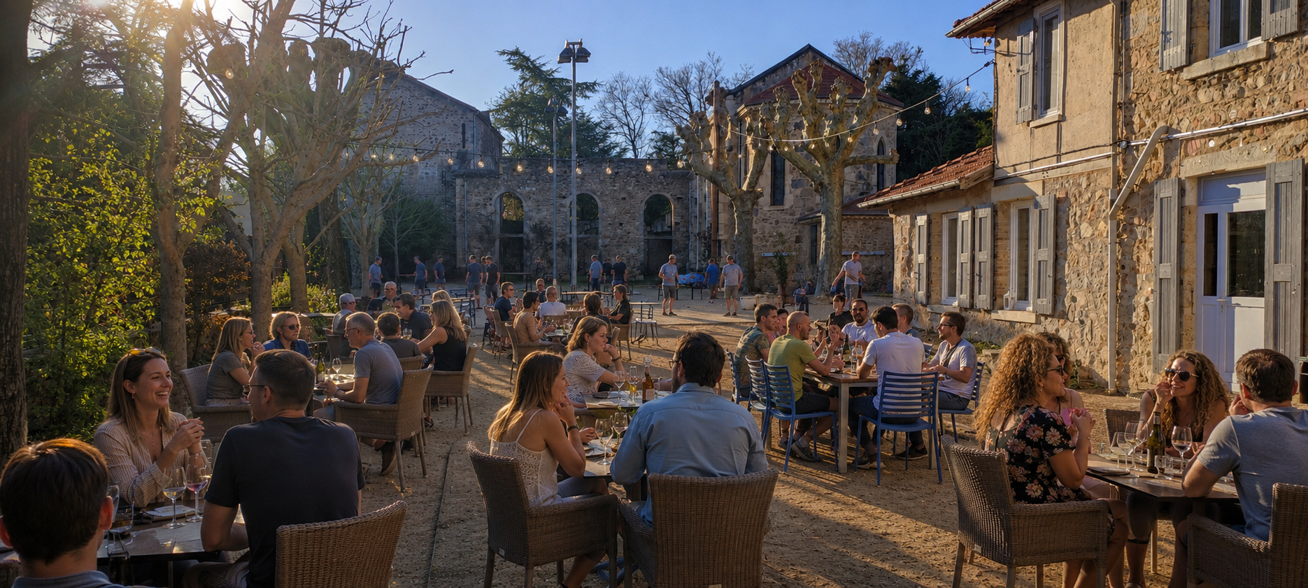 Grande tablée festive sur la terrasse au coucher du soleil